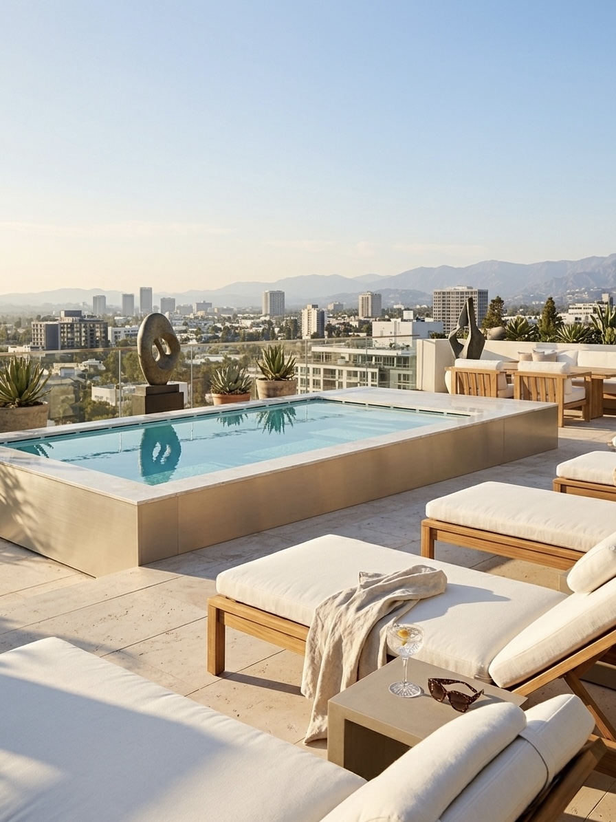 Luxury rooftop cocktail pool with city skyline views